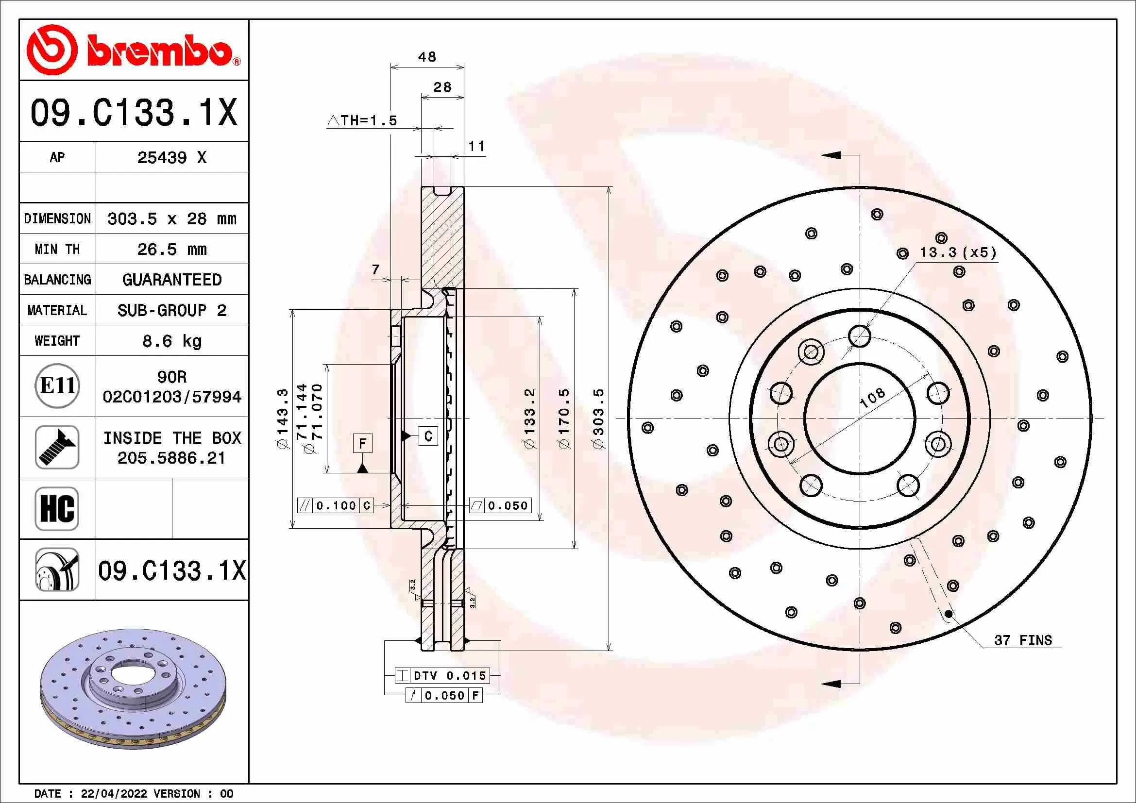 Bremsscheibe BREMBO 09.C133.1X