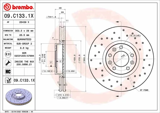 Bremsscheibe BREMBO 09.C133.1X Bild Bremsscheibe BREMBO 09.C133.1X