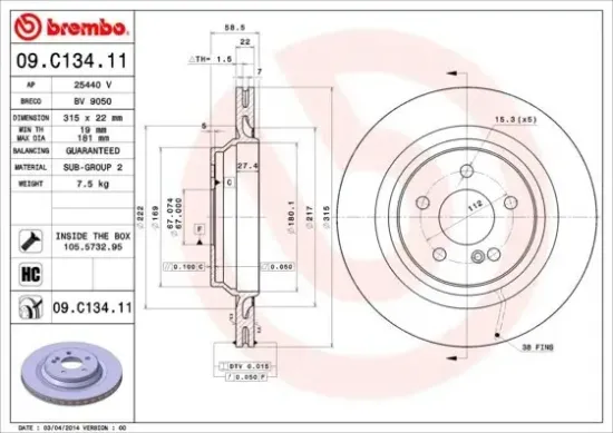Bremsscheibe Hinterachse BREMBO 09.C134.11 Bild Bremsscheibe Hinterachse BREMBO 09.C134.11