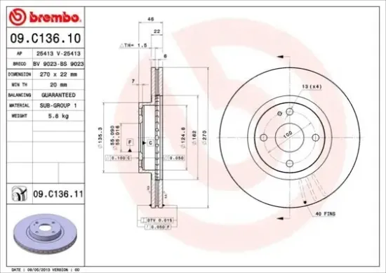 Bremsscheibe Vorderachse BREMBO 09.C136.11 Bild Bremsscheibe Vorderachse BREMBO 09.C136.11
