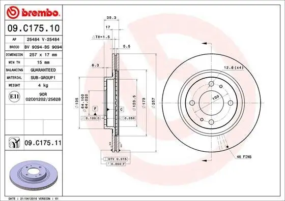 Bremsscheibe Vorderachse BREMBO 09.C175.11