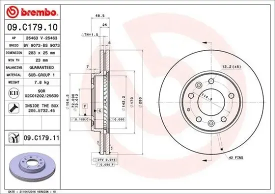 Bremsscheibe Vorderachse BREMBO 09.C179.11 Bild Bremsscheibe Vorderachse BREMBO 09.C179.11