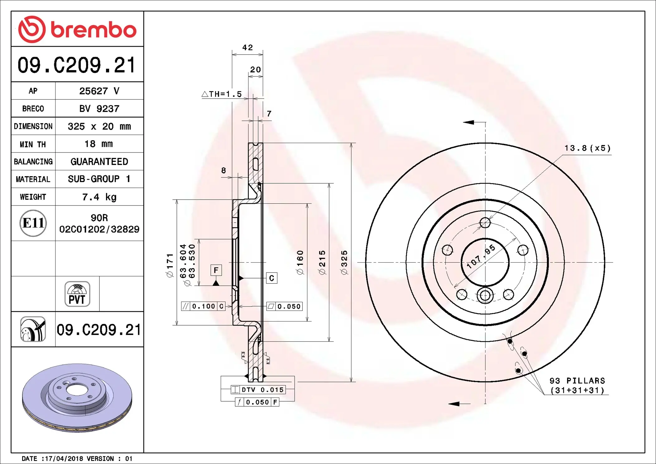 Bremsscheibe Hinterachse BREMBO 09.C209.21