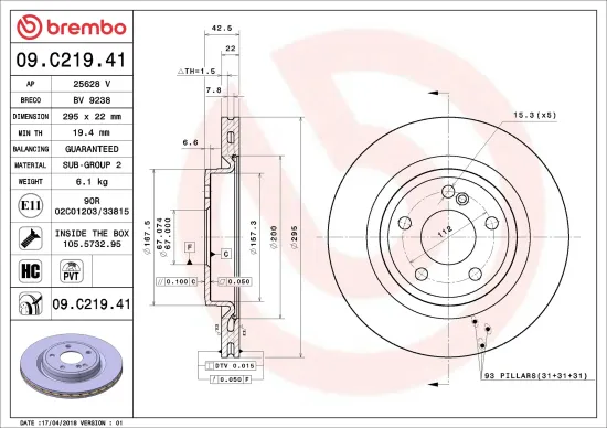Bremsscheibe Hinterachse BREMBO 09.C219.41 Bild Bremsscheibe Hinterachse BREMBO 09.C219.41