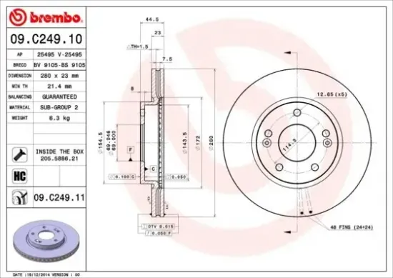 Bremsscheibe Vorderachse BREMBO 09.C249.11 Bild Bremsscheibe Vorderachse BREMBO 09.C249.11