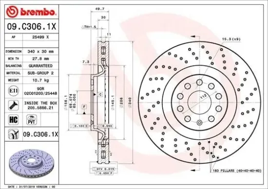 Bremsscheibe Vorderachse BREMBO 09.C306.1X Bild Bremsscheibe Vorderachse BREMBO 09.C306.1X