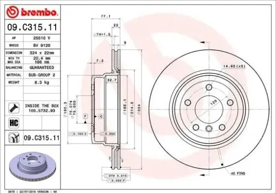 Bremsscheibe Hinterachse BREMBO 09.C315.11 Bild Bremsscheibe Hinterachse BREMBO 09.C315.11