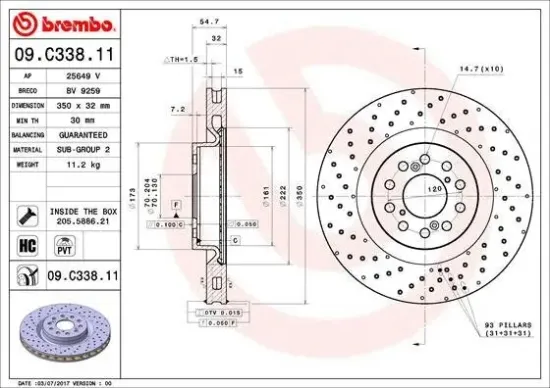Bremsscheibe Vorderachse BREMBO 09.C338.11 Bild Bremsscheibe Vorderachse BREMBO 09.C338.11