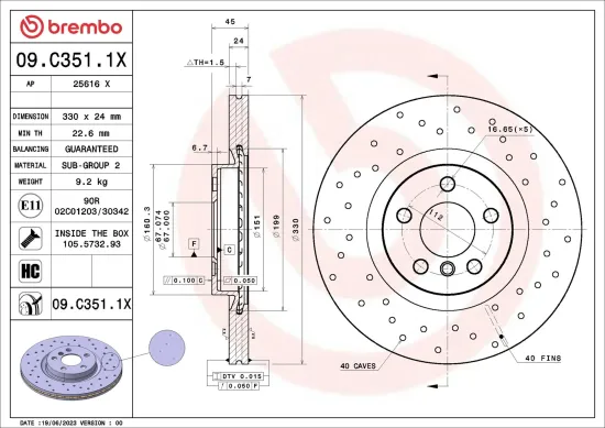 Bremsscheibe Vorderachse BREMBO 09.C351.1X Bild Bremsscheibe Vorderachse BREMBO 09.C351.1X