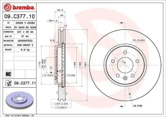 Bremsscheibe Vorderachse BREMBO 09.C377.11 Bild Bremsscheibe Vorderachse BREMBO 09.C377.11