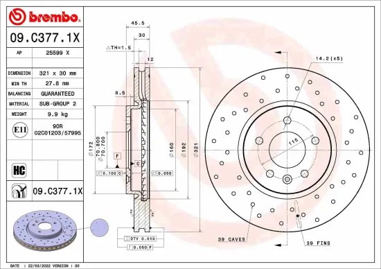 Bremsscheibe BREMBO 09.C377.1X Bild Bremsscheibe BREMBO 09.C377.1X