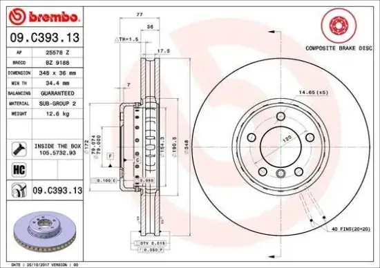 Bremsscheibe Vorderachse BREMBO 09.C393.13 Bild Bremsscheibe Vorderachse BREMBO 09.C393.13