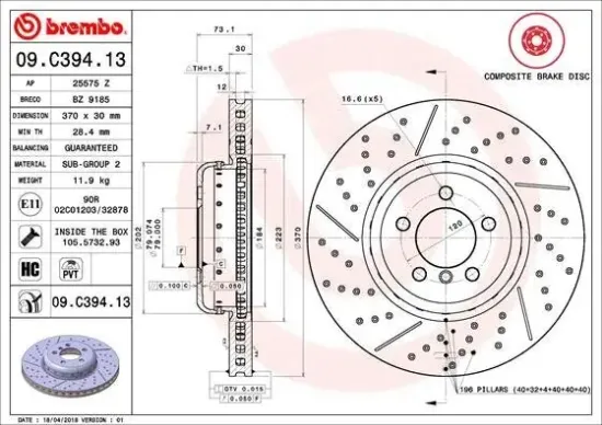 Bremsscheibe Vorderachse BREMBO 09.C394.13 Bild Bremsscheibe Vorderachse BREMBO 09.C394.13