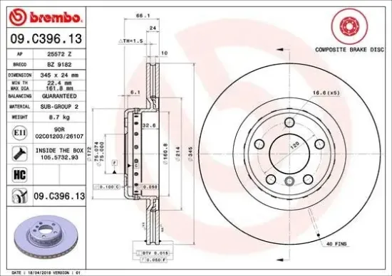Bremsscheibe Hinterachse BREMBO 09.C396.13 Bild Bremsscheibe Hinterachse BREMBO 09.C396.13