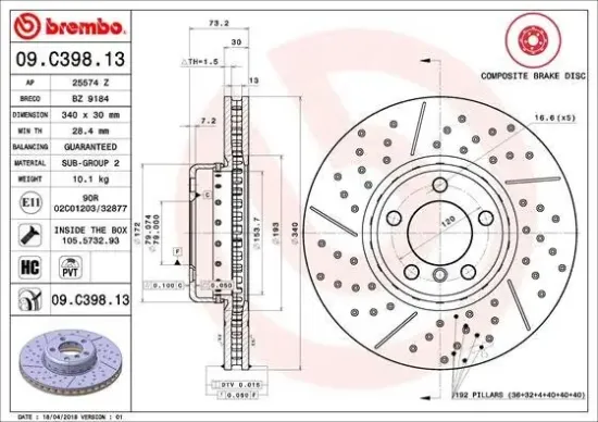 Bremsscheibe Vorderachse BREMBO 09.C398.13 Bild Bremsscheibe Vorderachse BREMBO 09.C398.13