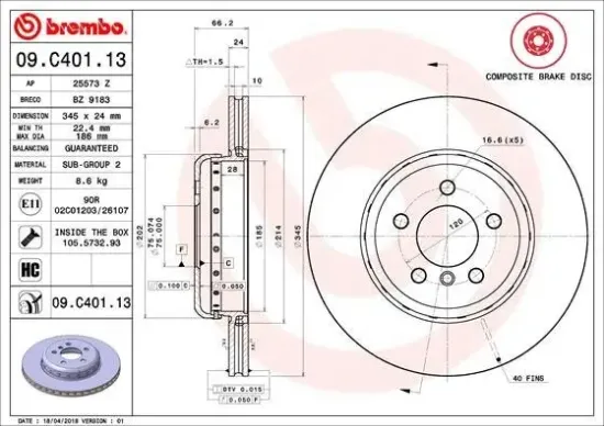Bremsscheibe Hinterachse BREMBO 09.C401.13 Bild Bremsscheibe Hinterachse BREMBO 09.C401.13