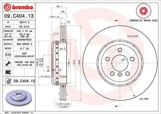 Bremsscheibe Hinterachse BREMBO 09.C404.13 Bild Bremsscheibe Hinterachse BREMBO 09.C404.13