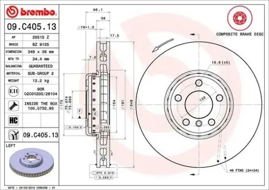 Bremsscheibe Vorderachse Vorderachse links BREMBO 09.C405.13 Bild Bremsscheibe Vorderachse Vorderachse links BREMBO 09.C405.13