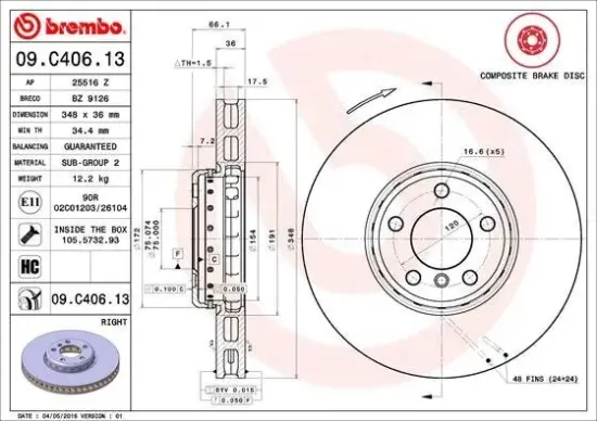 Bremsscheibe Vorderachse Vorderachse rechts BREMBO 09.C406.13 Bild Bremsscheibe Vorderachse Vorderachse rechts BREMBO 09.C406.13