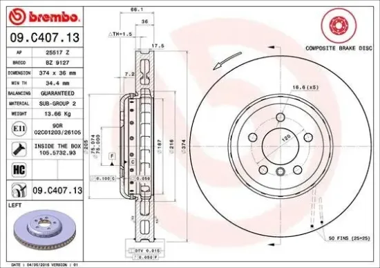 Bremsscheibe Vorderachse Vorderachse links BREMBO 09.C407.13 Bild Bremsscheibe Vorderachse Vorderachse links BREMBO 09.C407.13