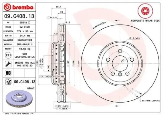 Bremsscheibe Vorderachse Vorderachse rechts BREMBO 09.C408.13 Bild Bremsscheibe Vorderachse Vorderachse rechts BREMBO 09.C408.13