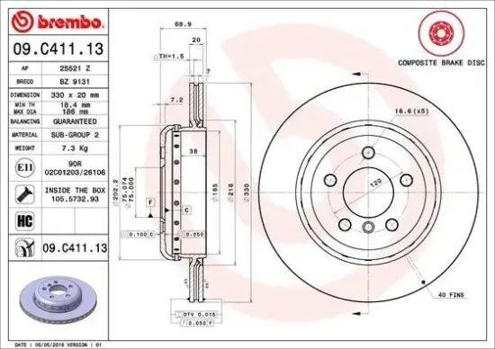Bremsscheibe Hinterachse BREMBO 09.C411.13 Bild Bremsscheibe Hinterachse BREMBO 09.C411.13