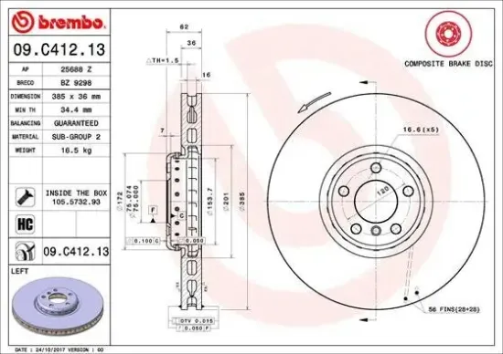 Bremsscheibe Vorderachse Vorderachse links BREMBO 09.C412.13 Bild Bremsscheibe Vorderachse Vorderachse links BREMBO 09.C412.13