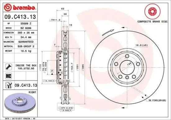 Bremsscheibe Vorderachse Vorderachse rechts BREMBO 09.C413.13 Bild Bremsscheibe Vorderachse Vorderachse rechts BREMBO 09.C413.13