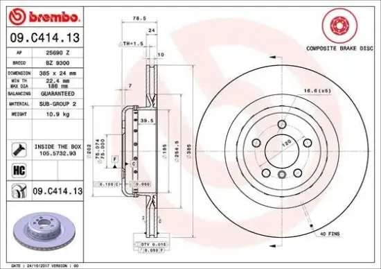 Bremsscheibe Hinterachse BREMBO 09.C414.13 Bild Bremsscheibe Hinterachse BREMBO 09.C414.13