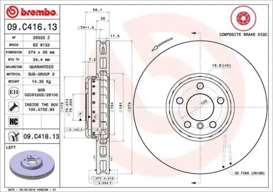 Bremsscheibe Vorderachse Vorderachse links BREMBO 09.C416.13 Bild Bremsscheibe Vorderachse Vorderachse links BREMBO 09.C416.13