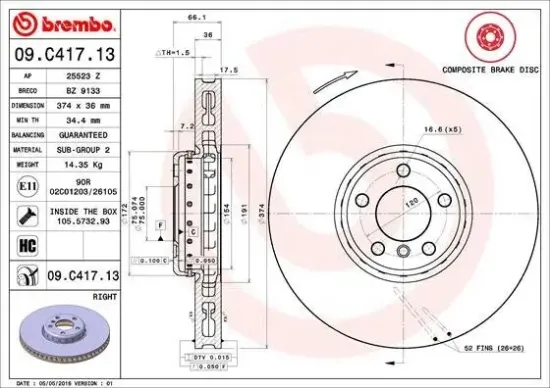 Bremsscheibe Vorderachse Vorderachse rechts BREMBO 09.C417.13 Bild Bremsscheibe Vorderachse Vorderachse rechts BREMBO 09.C417.13