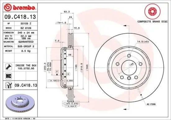 Bremsscheibe Hinterachse BREMBO 09.C418.13 Bild Bremsscheibe Hinterachse BREMBO 09.C418.13