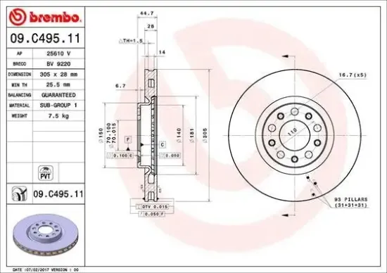 Bremsscheibe Vorderachse BREMBO 09.C495.11 Bild Bremsscheibe Vorderachse BREMBO 09.C495.11