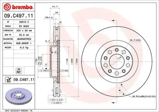 Bremsscheibe Vorderachse BREMBO 09.C497.11 Bild Bremsscheibe Vorderachse BREMBO 09.C497.11