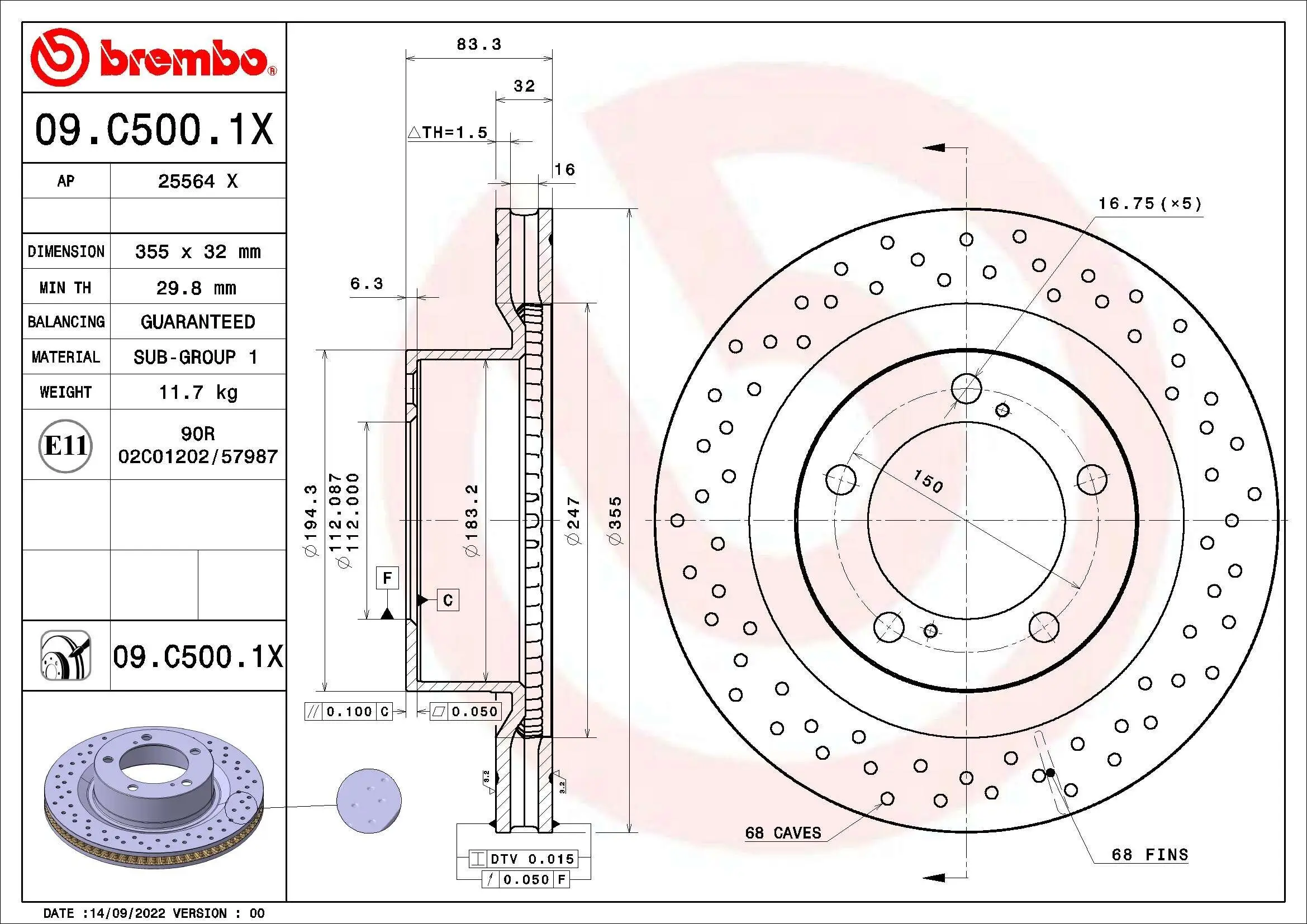 Bremsscheibe BREMBO 09.C500.1X