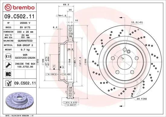 Bremsscheibe Hinterachse BREMBO 09.C502.11 Bild Bremsscheibe Hinterachse BREMBO 09.C502.11