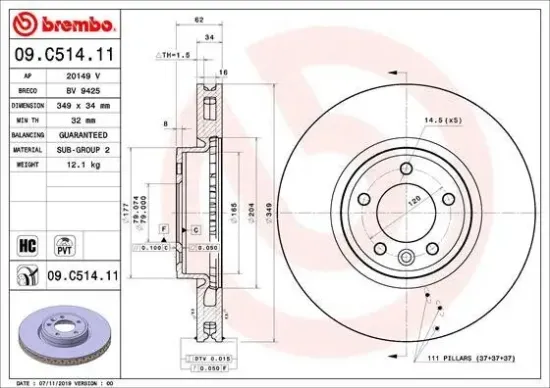 Bremsscheibe Vorderachse BREMBO 09.C514.11 Bild Bremsscheibe Vorderachse BREMBO 09.C514.11