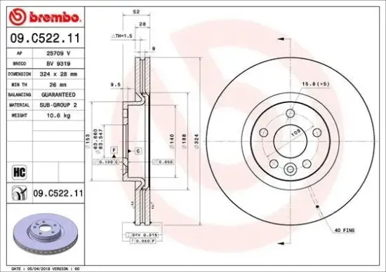 Bremsscheibe Vorderachse BREMBO 09.C522.11 Bild Bremsscheibe Vorderachse BREMBO 09.C522.11