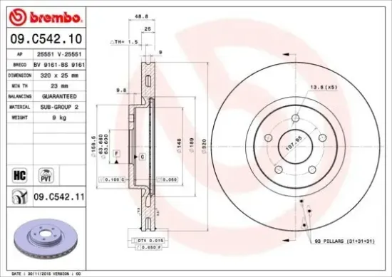 Bremsscheibe Vorderachse BREMBO 09.C542.11 Bild Bremsscheibe Vorderachse BREMBO 09.C542.11