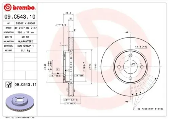 Bremsscheibe Vorderachse BREMBO 09.C543.11 Bild Bremsscheibe Vorderachse BREMBO 09.C543.11