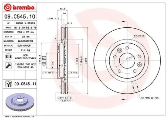 Bremsscheibe Vorderachse BREMBO 09.C545.11 Bild Bremsscheibe Vorderachse BREMBO 09.C545.11