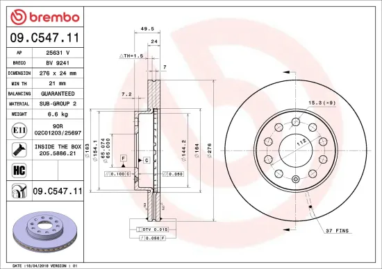 Bremsscheibe Vorderachse BREMBO 09.C547.11 Bild Bremsscheibe Vorderachse BREMBO 09.C547.11