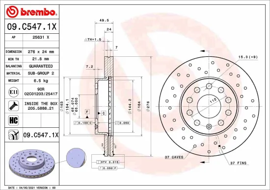 Bremsscheibe BREMBO 09.C547.1X Bild Bremsscheibe BREMBO 09.C547.1X