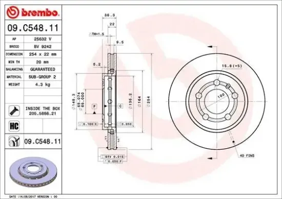 Bremsscheibe Hinterachse BREMBO 09.C548.11 Bild Bremsscheibe Hinterachse BREMBO 09.C548.11