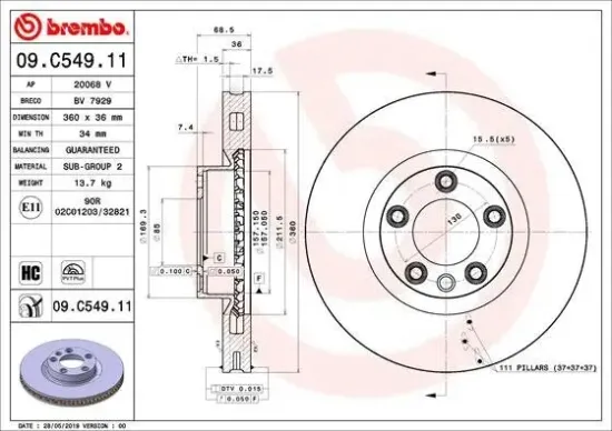 Bremsscheibe Vorderachse BREMBO 09.C549.11 Bild Bremsscheibe Vorderachse BREMBO 09.C549.11