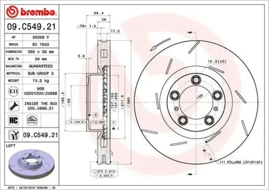 Bremsscheibe Vorderachse Vorderachse links BREMBO 09.C549.21 Bild Bremsscheibe Vorderachse Vorderachse links BREMBO 09.C549.21