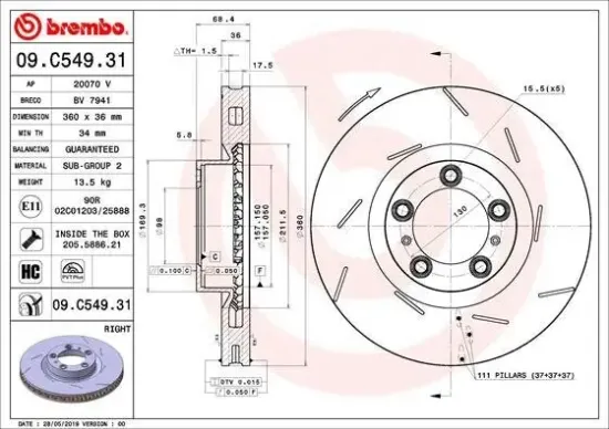 Bremsscheibe Vorderachse Vorderachse rechts BREMBO 09.C549.31 Bild Bremsscheibe Vorderachse Vorderachse rechts BREMBO 09.C549.31