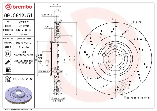Bremsscheibe Vorderachse BREMBO 09.C612.51 Bild Bremsscheibe Vorderachse BREMBO 09.C612.51