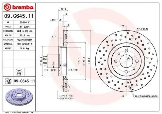 Bremsscheibe Vorderachse BREMBO 09.C645.11 Bild Bremsscheibe Vorderachse BREMBO 09.C645.11
