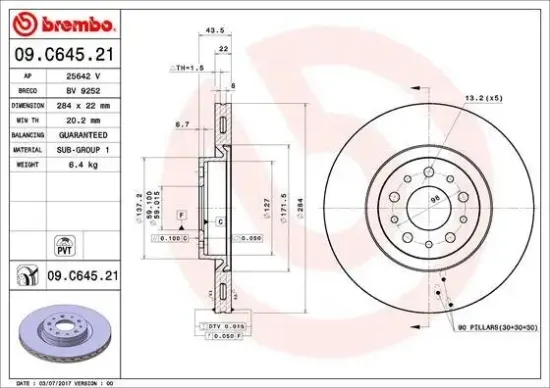Bremsscheibe Vorderachse BREMBO 09.C645.21 Bild Bremsscheibe Vorderachse BREMBO 09.C645.21